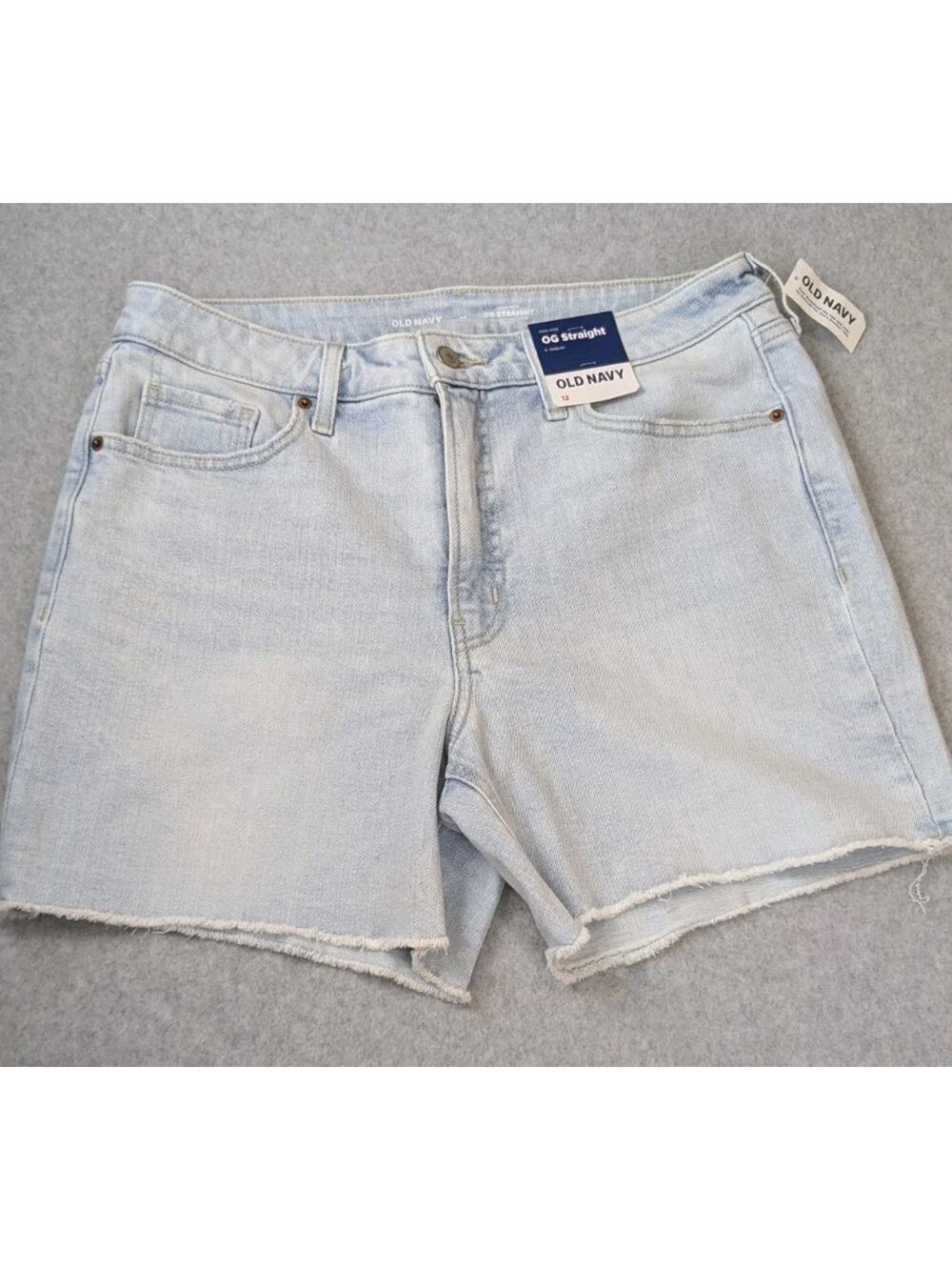 Old Navy Women's High Rise OG Straight Shorts 12 Blue Denim Raw Hem 5" Inseam